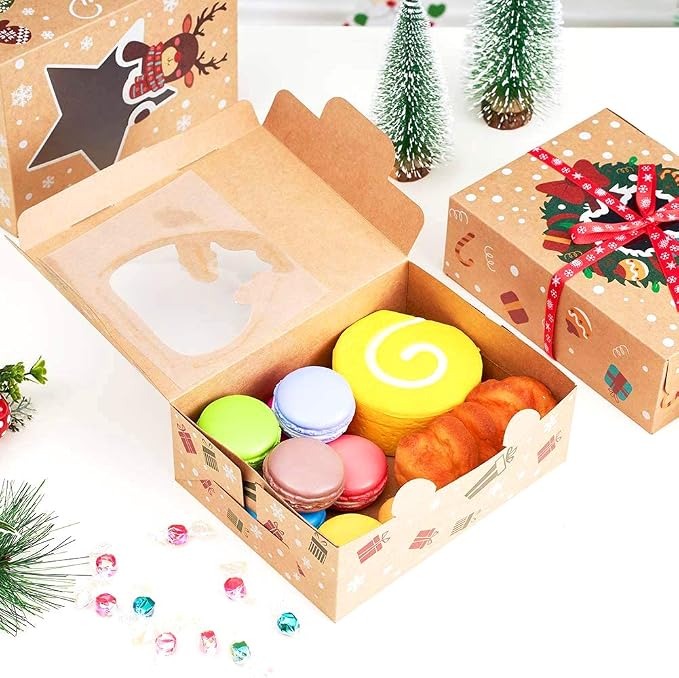 CCINEE Christmas Cookie Boxes,Kraft Treat Box with Window Ribbons for Bakery Candy Gift Giving Supplies,Pack of 12