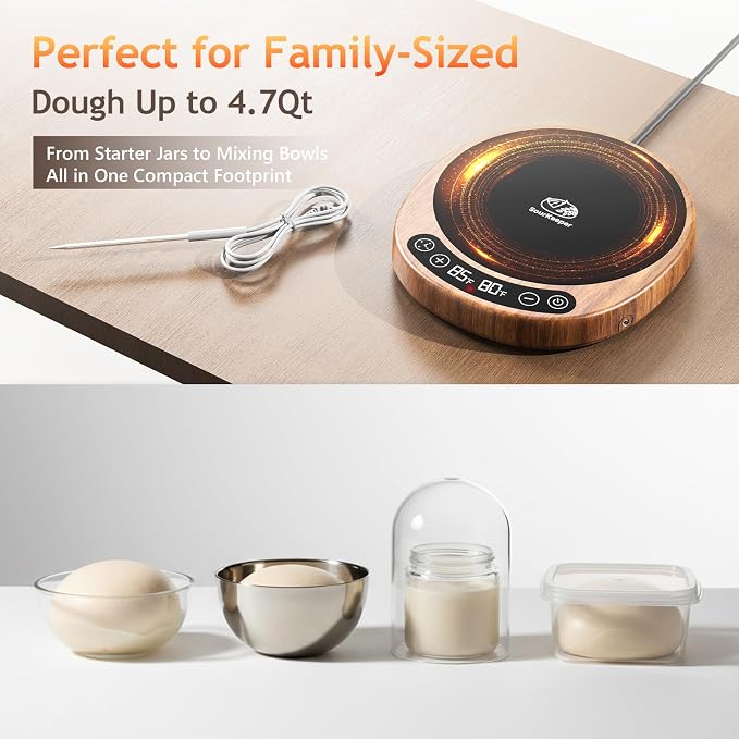 SourKeeper, Larger 2-in-1 Sourdough Starter Warmer Pro - 2026 Upgrade Larger Heating Plate, Dough Temp Probe, 1°F Control (70–110°F), 24H Timer, Real-Time Monitoring Walnut,6.5inch