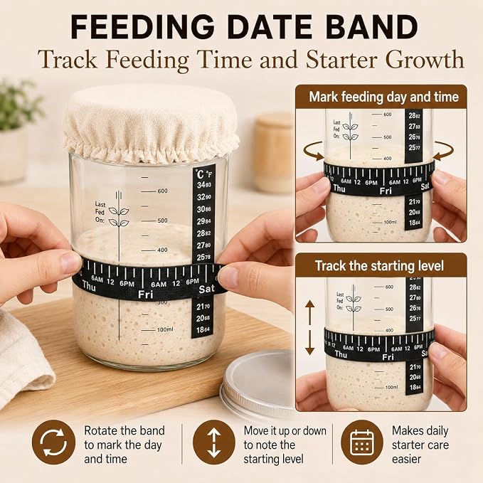Sourdough Starter Kit for Beginners, 34oz Wide Mouth Sourdough Starter Jar with Guide & Recipes, Fridge Magnet Clip, Thermometer, Feeding Band, Spatula, Cloth & Aluminum Lid, Bread Baking Supplies