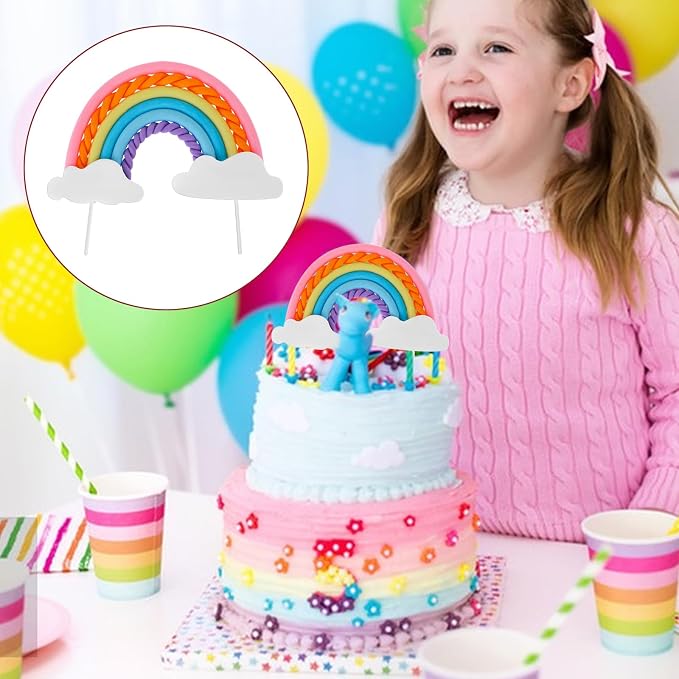Rainbow Cloud Cake Topper, Soft Pottery Colorful Cupcake Decoration Topper Rainbow Theme Baking Supplies for for Boys Girls Happy Birthday Party Wedding Cake Decorations