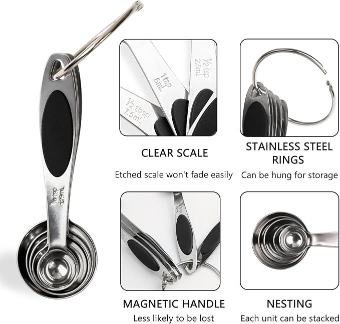 Magnetic Measuring Spoons Set Stainless Steel Measuring Spoons,Tablespoon Measuring Spoon for Dry and Liquid Ingredients (5, Black)