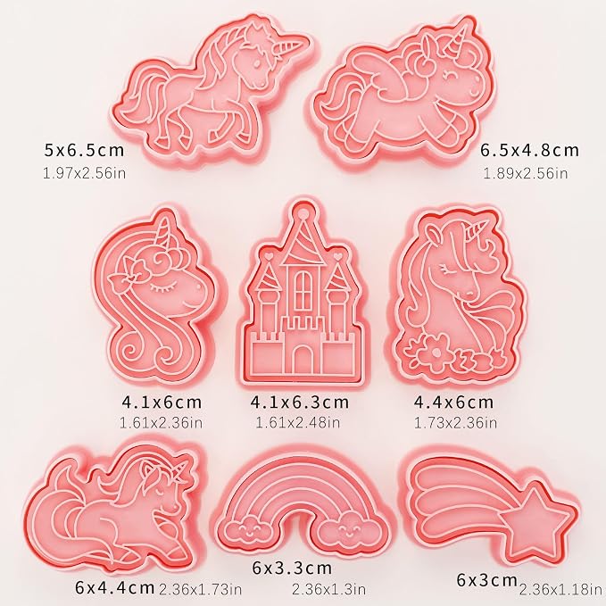 Unicorn Cookie Cutters with Cookie Stamps 8 Pcs Rainbow Castle Cookie Molds for Girls Birthday Party (Unicorn B)