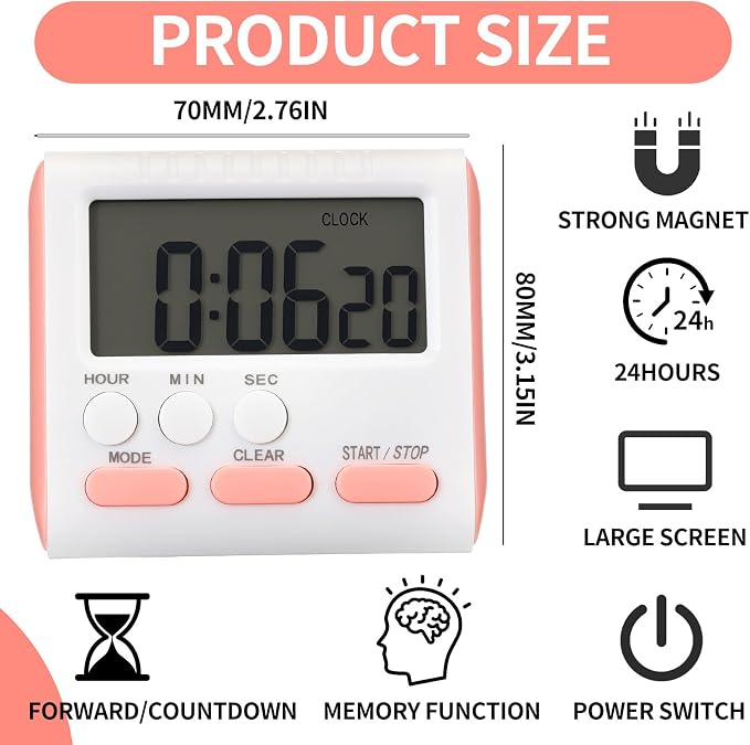 Mudder 12 Pack Digital Kitchen Timer for Cooking, Large Digits, 24 Hour Magnetic Backing Stand Kitchen Timers Clock for Classroom Kids Teachers, Loud Alarm and Large Screen (Mix Color)