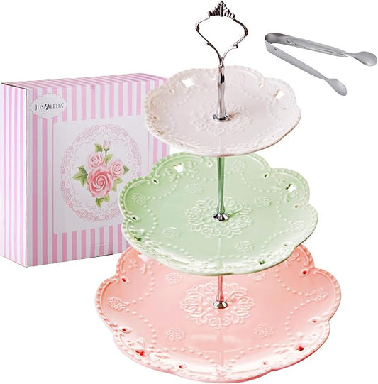 Jusalpha® 3-Tier Porcelain Cake Stand-Dessert Stand-Cupcake Stand-Tea Party Serving Platter, Comes in a Gift Box- Free Sugar Tong,3 Color (Silver)