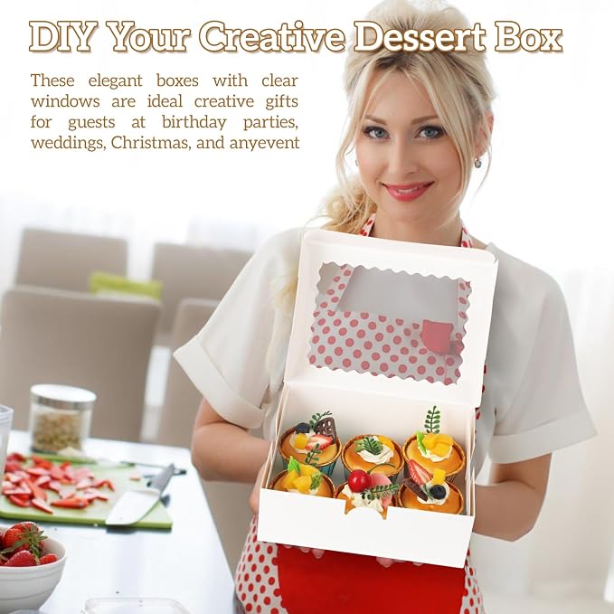 24pcs Cookie Boxes, 8x6x3 Inches 2 Style Window Cookie Boxes, Valentine's Day Bakery Boxes Treat Boxes Strawberry Boxes for Chocolate Covered Strawberries, Muffins, Donuts