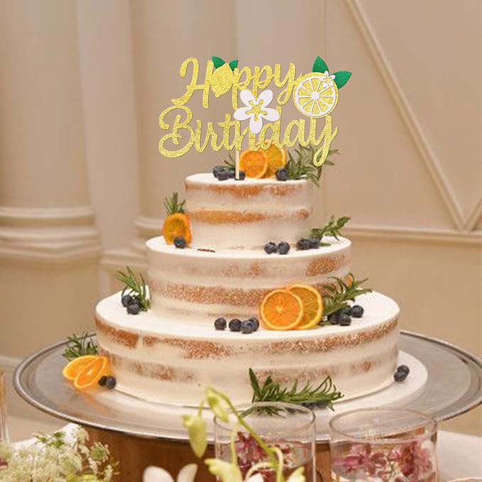 1 PCS Lemon Happy Birthday Cake Topper Assembled Glitter Fruit Theme Lemonade Party Cake Pick Decorations for Lemon Theme Baby Shower Kids Boys Girls Birthday Party Supplies