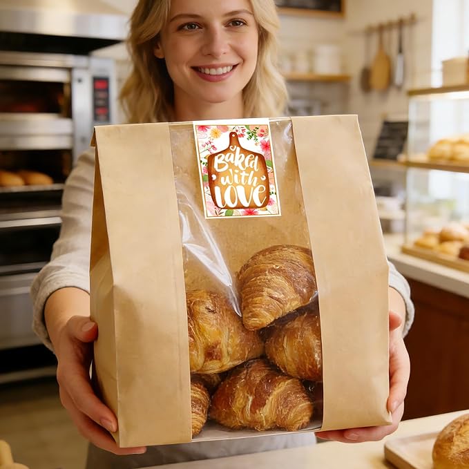 16"X10"X5" Extra Large Paper Bread Bags for Homemade Bread with Window & Sticker for xl Sourdough Bread, Very Wide Bread Loaf, Baked Goods, Packaging for Gifting - Brown Kraft 25Pcs