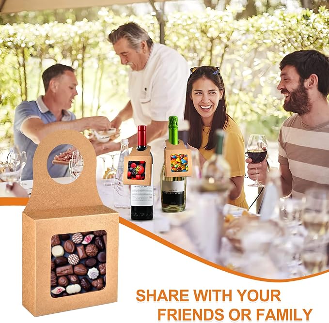 Mototo 30 PCS Kraft Paper Wine Bottle Boxes with Transparent Window Hanger Foldable Wine Bottle Empty Gift Boxes with Hanger for Valentines Christmas Candy Truffles Chocolate Cookies Packing, Kraft