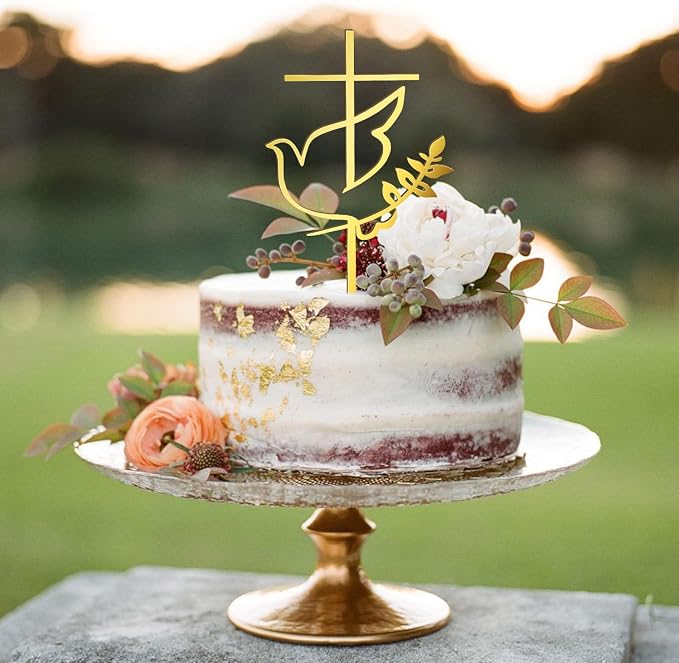 4 pcs Baptism Cake Toppers Acrylic Gold Dove Cross Cupcake Toppers Baptism First Communion Cake Decorations Supplies for Baby Shower Birthday Wedding Party Christian