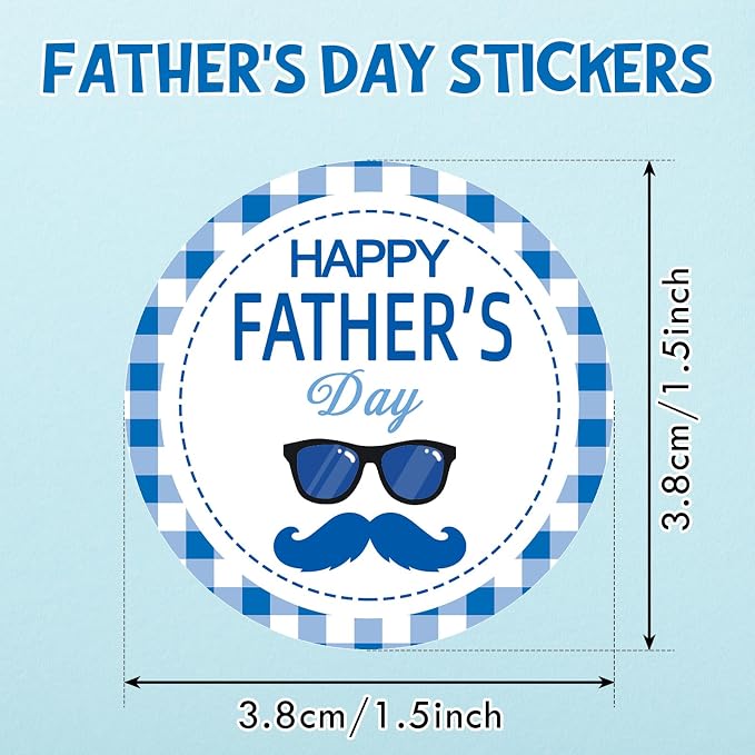 Louise Maelys 500 Pcs Happy Father's Day Stickers 1.5 Inch Round Blue Plaid Stickers with Vintage Mustache Design for Gift Wrapping Envelopes