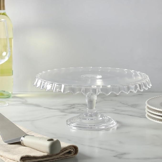 Martha Stewart Watercrest Glass Cake Stand, 10.2 Inch Footed Pedestal Cake Plate with Scalloped Ruffled Edge, Clear Handmade Glassware for Weddings, Parties, and Dessert Display