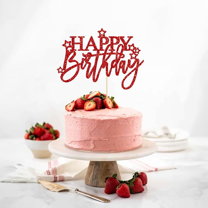Gyufise 1Pcs Happy Birthday Cake Topper Glitter Happy Birthday Cake Pick for Celebrating Happy Birthday Anniversary Theme Party Cake Decorations Supplies Light Red