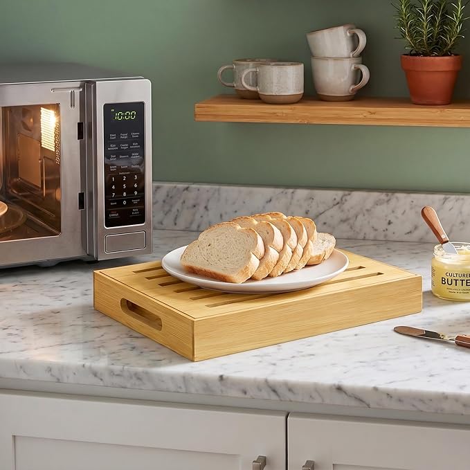 Bamboo Bread Slicer for Homemade Bread, Adjustable Cutting Board with Crumb Tray and Serving Box, Slicing Guide for Sourdough, Sandwich Loaves, Bagels and Cakes