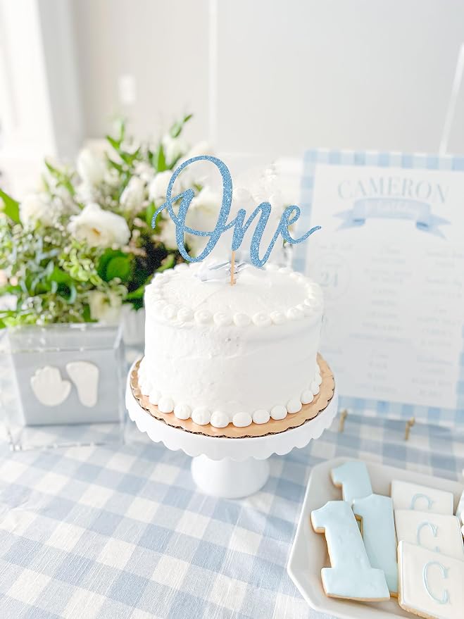 MYAMPED First Birthday Cake Topper - Glitter Sky Blue One Sign 1st birthday Cake Decorating Supplies, Suitable for Baby Shower Favors, Baby Gender Reveal, Baby Birthday Party (Sky Blue)