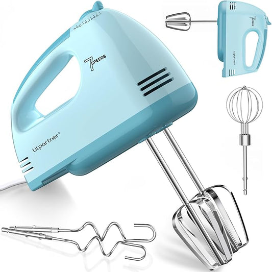 LILPARTNER Hand Mixer Electric, Ultra Power Kitchen Hand Mixer With 7-Speed & 5 Stainless Steel Accessories for Whipping Dough, Cream, Cake, Dishwasher Safe, Light Blue