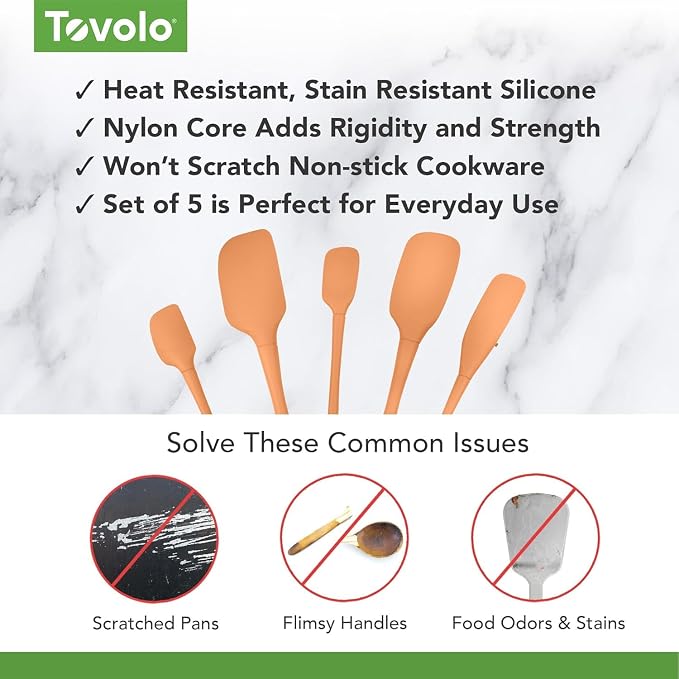 Tovolo Flex Core 5 Piece Silicone Spatula Set Heat Resistant All Silicone Utensils Include Non Stick Spatula Spoonula Jar Scraper, Dishwasher Safe BPA Free Spatulas for Baking Mixing, Apricot Orange
