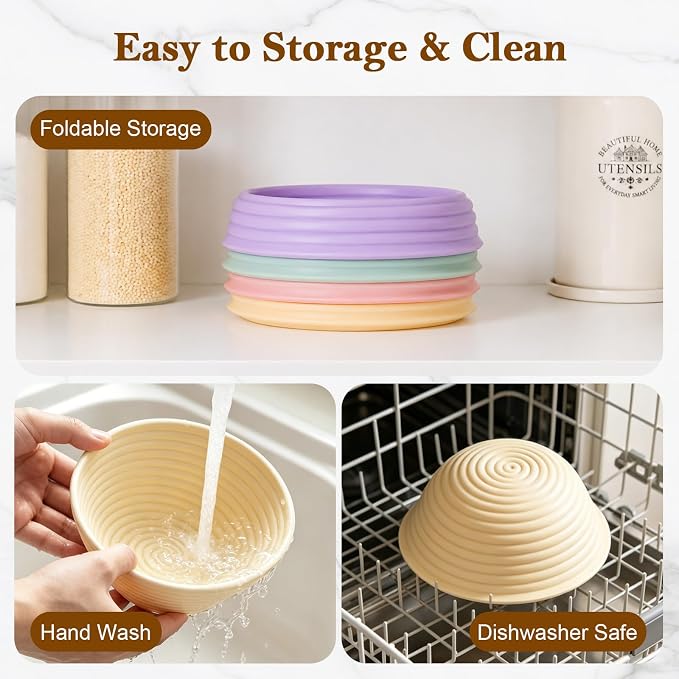 4 Pack Silicone Banneton Bread Proofing Baskets, 5" Collapsible Non-Stick Sourdough Proofing Bowls for Bread Baking, Round Dough Rising Baskets