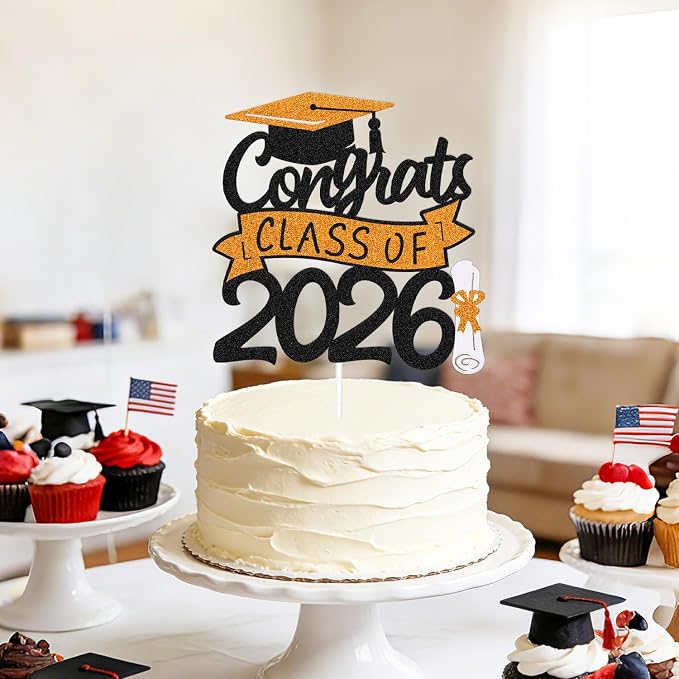 Congrats Class of 2026 Cake Topper Congrats Grad Cap Diploma Theme for High School Happy Graduation Party Supplies College Graduate Decoration (Orange)