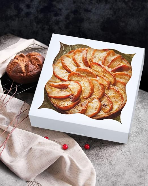 qiqee Auto-pop Up 12Packs White Pie Boxes with Window 12x12x3 Inch Cookie Donut Bakery Box