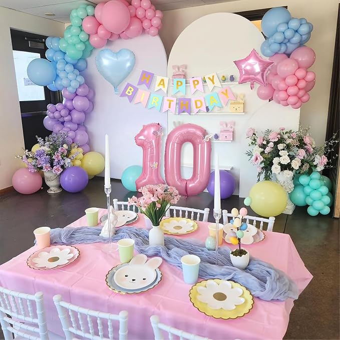 Pastel 10th Birthday Decorations for Girl,Macaron Rainbow 10th Party Decoration Colorful Balloons Banner Star Heart Number 10 Foil Balloon Cake Topper Butterfly Party Decorations