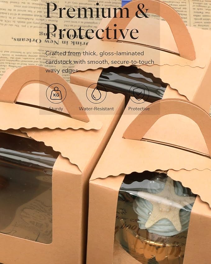 Bakepacker Individual Cupcake Boxes with Window 100 Count Brown Single Cupcakes Box 3.6"X3.6"X4.3" Cupcake Carrier