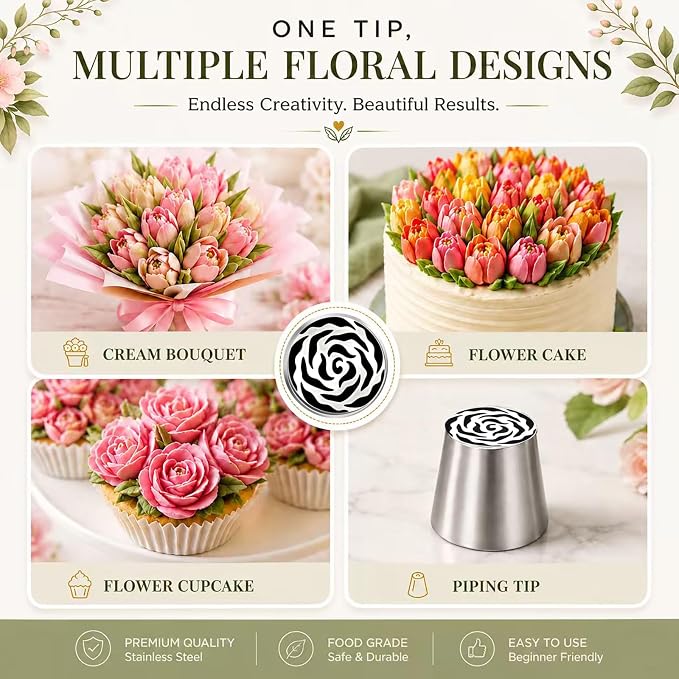 4pcs Russian Piping Tips Set Extra Large Stainless Steel Flower Icing Tips for Cake Decorating Buttercream Cupcake Cookie Decorating Supplies for Beginners Bakers