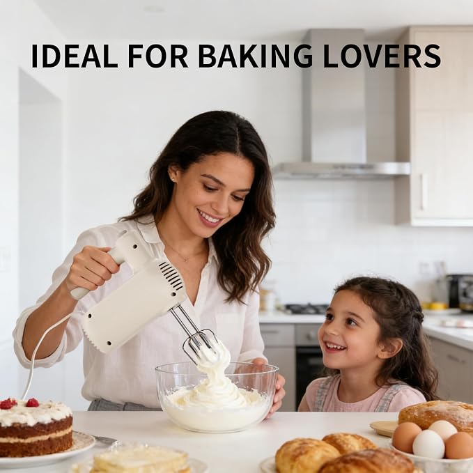 Hand Mixer Electric Handheld, Lightweight Hand Mixer Upgraded Motor, 5-Speed Electric Mixer With Stainless Steel Beaters, Dough Hooks, Westcookaid Turbo Ultra Power+ Eject For Cakes Eggs, White