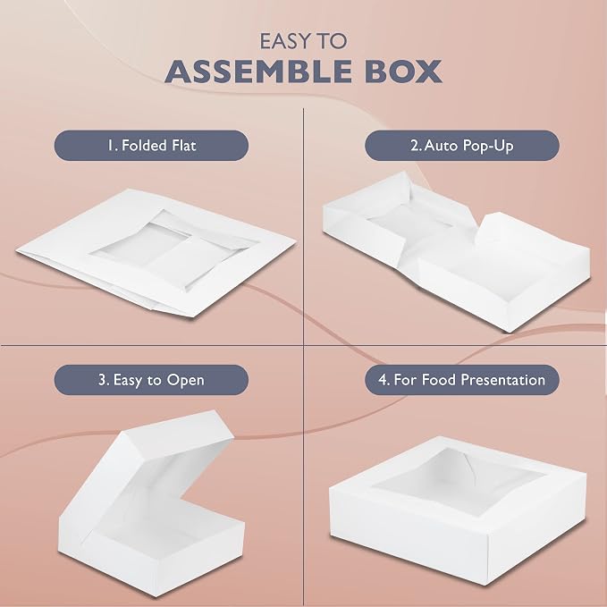 Fit Meal Prep [25 Pack] Pie Boxes with Window 9x9x2.5 White Pastry Boxes Auto Pop-up Bakery Containers for Dessert, Cookies, Cheesecake Treat Box for Packaging