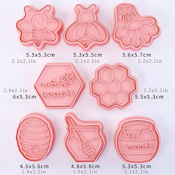Bee Cookie Cutters with Cookie Stamps 8 Pcs Honeycomb Fondant Cheese Baking Molds for Honey Bees Party Decoration (Honeycomb)