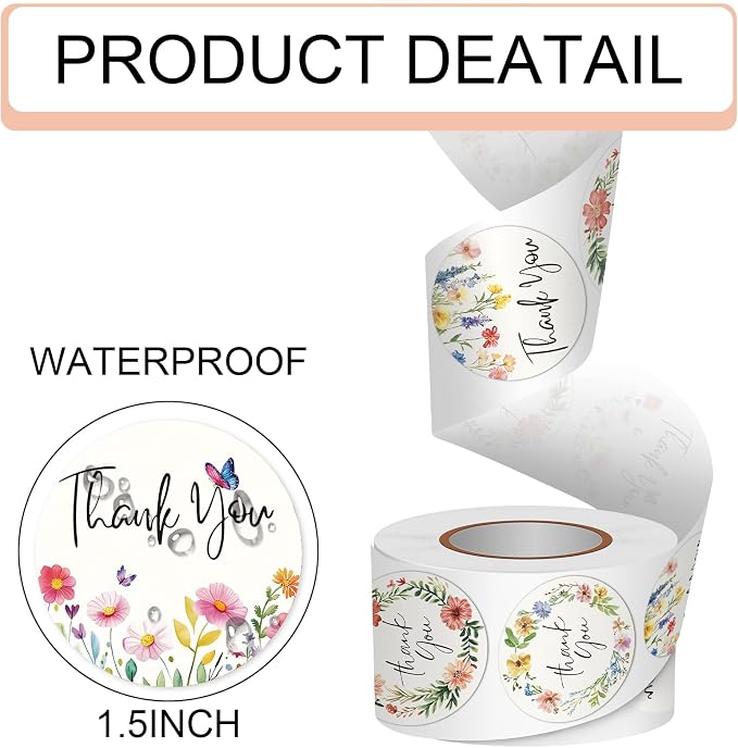 Louise Maelys 1.5" Thank You Stickers Roll - 500 PCS Flowers Stickers Labels with Floral Designs for Small Business, Bakery, Handmade Crafts, Envelopes (4 Repeating Patterns)
