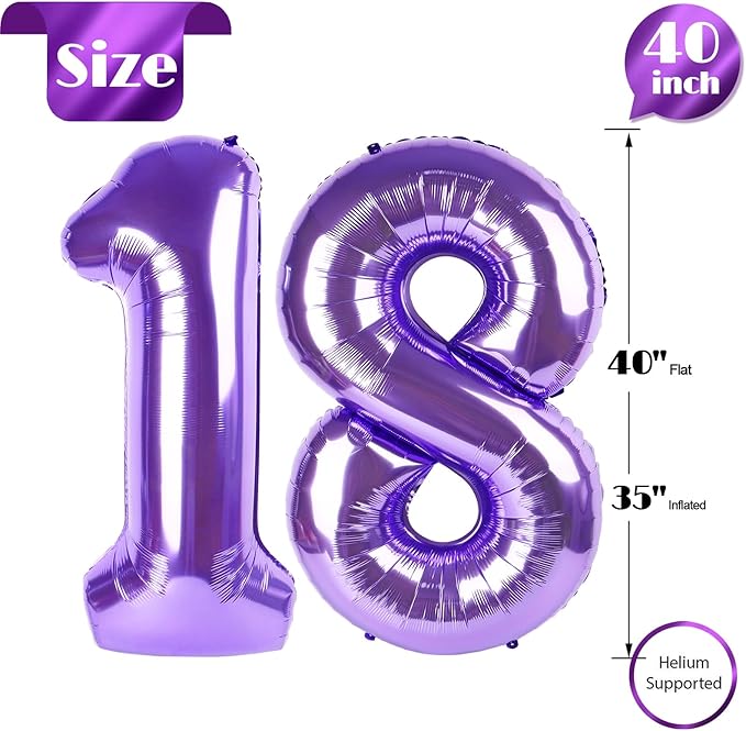 Purple Number 18 Balloon 40 Inch, 18th Birthday Party Decorations for Children, Giant 18 Foil Balloon for Party Supplies