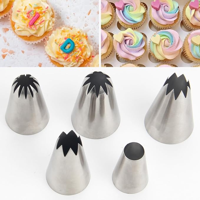 Large Piping Tips Set, 5pcs Stainless Steel Cake Decorating Tips for Cake Icing, Cupcakes, Cookies, Desserts, and Cake Decorating Molds, Include 2 Curved Teeth, 2 Straight Teeth, 1 Round Tip