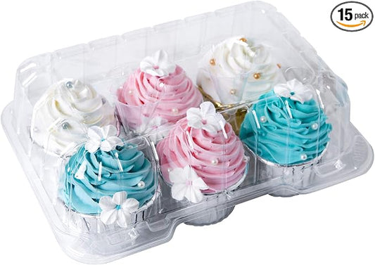 ONE MORE Clear Cupcake Boxes 6 Cavity Holder, Large 6 Compartment Muffin Containers Plastic Cupcake Carrier with Deep Dome 4" High Safe Eco-friendly Material Pack of 15