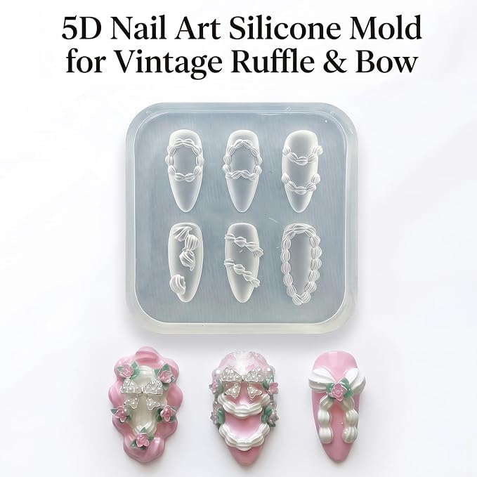 3D Nail Art Silicone Mold, Kawaii Whipped Cream Piping Icing Decoden Mold for Nails, 6 Cavities Cake Frosting Ribbon Resin Acrylic Casting Molds for Women Girls DIY Coquette Manicure Tools