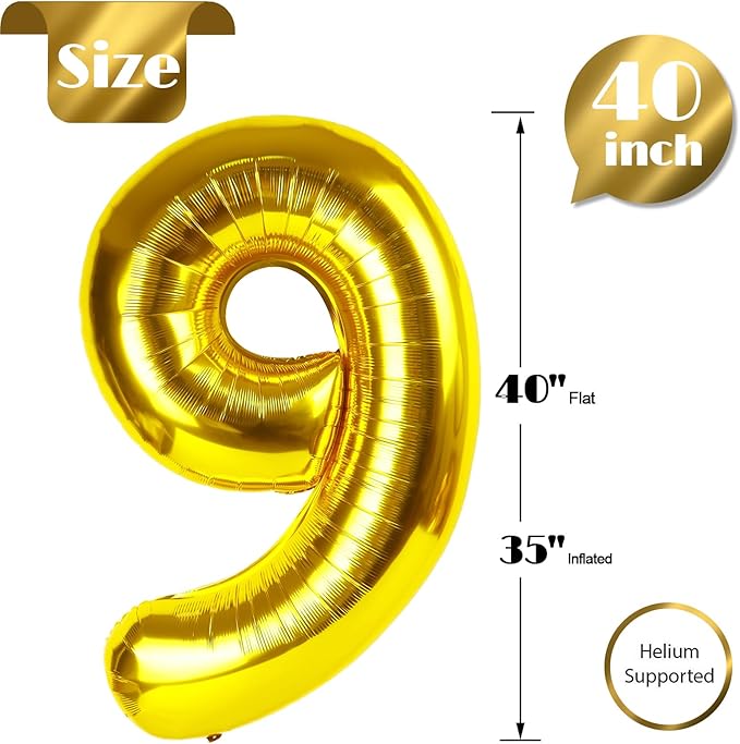Gold 9 Balloon, Number Balloon 40 Inch, Gold Party Decorations, Giant Birthday Decorations for 9th 19th 29th 90th, Number 9 Balloon