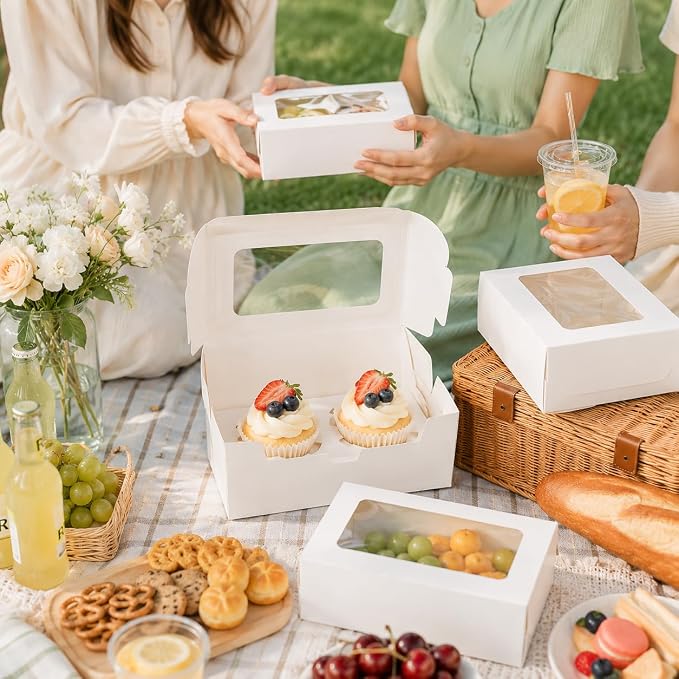 PRALB 50Pack White Paper Cupcake Boxes with Pvc Window and Two Treat Holder, Pastry and Cookie Box,Cupcake Containers Bakery Cake Box,Auto-Popup Cupcake Carriers Bakery Cake Box(6.3x3.5x3inch)