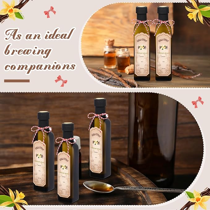 Tioncy 12 Pcs 8.5 oz Vanilla Extract Bottles for Homemade Vanilla Jar Amber Glass Square Bottle with Cap Shrink Band Sticker Syrup Food Storage Canister for Liquid Bean Sauce Spice Gift Giving(Black)