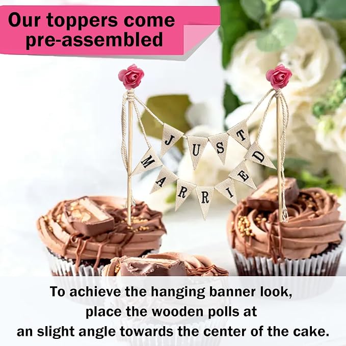 Wedding Cake Topper,Family Party Cake Topper,Vintage Affair Rustic Just Married Wedding Cake or Cheese Bunting,Handmade Pennant Flags with Wood Pole Ivory