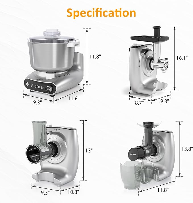 Sunvivi 4-in-1 Multifunctional Stand Mixer, Electric Dough Mixer with 5.3 Quart Stainless Steel Bowl, Electric Stand Mixer for Baking & Home Cooking, with Meat Grinder, Juice Blender & Salad Maker