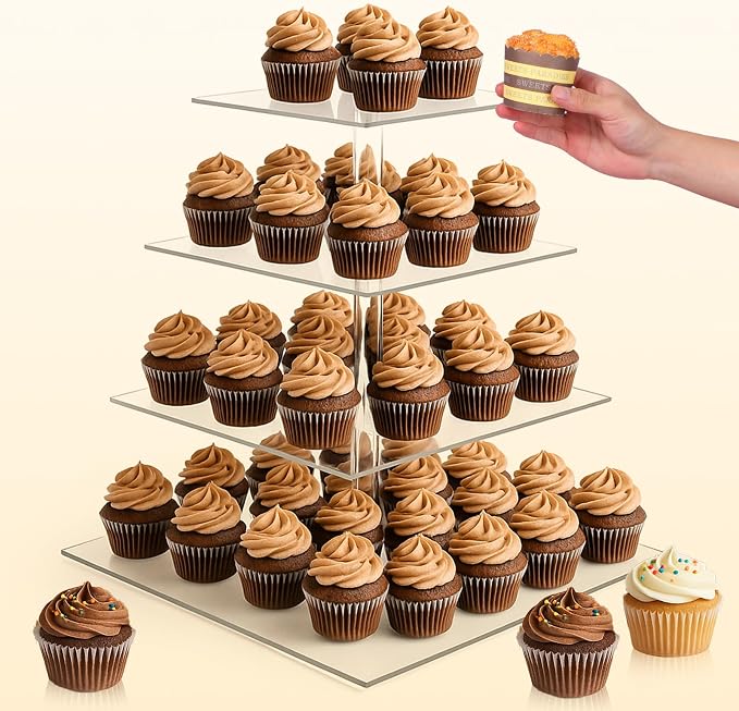 2 Pack 4 Tier Acrylic Cupcake Stand for 50 Cupcakes, Large Square Cupcake Tower, Dessert Cup Cake Tier Stand Holder, Clear Tiered Display Tree for Birthday, Wedding, Party DéCor