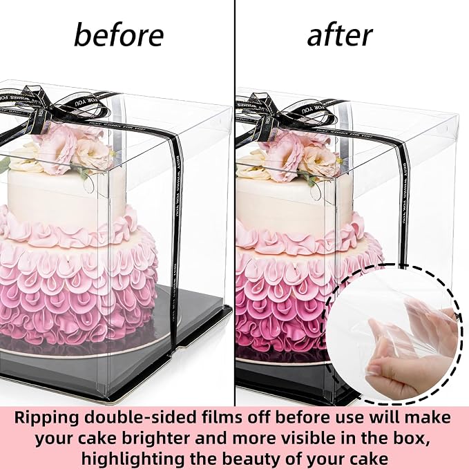 Cididu 6 Pack Clear Cake Box with Ribbon, 2-Layer Tall Cake Carrier Box, Packaging Boxes 10x10x9 Inch, PET Clear Gift Box with Lid, Transparent Cake Containers for Mother's Day Birthday Party Wedding