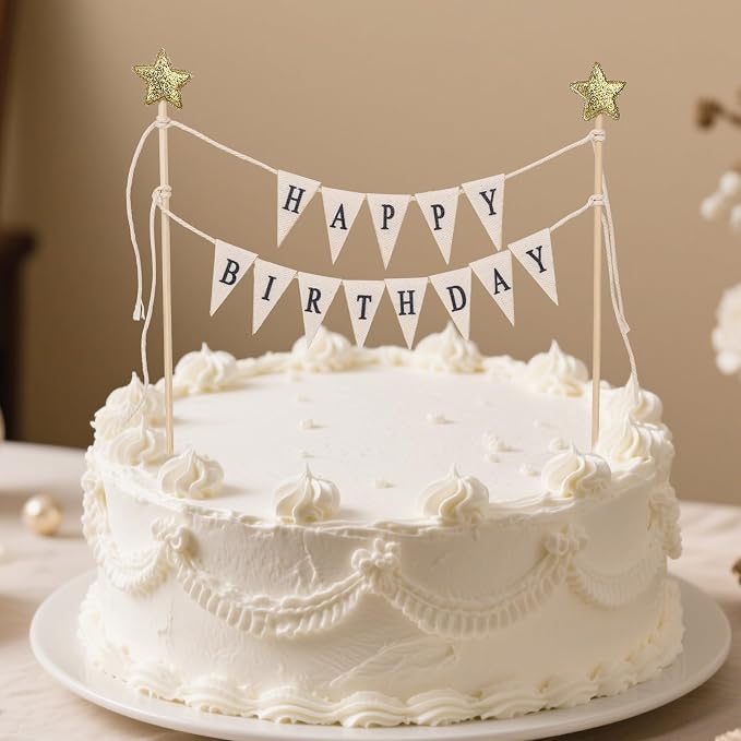 Happy Birthday Flag Banner Cake Topper, Handmade Pennant & Star Garland Birthday Cake Flag Decoration for Party Decorations Supplies