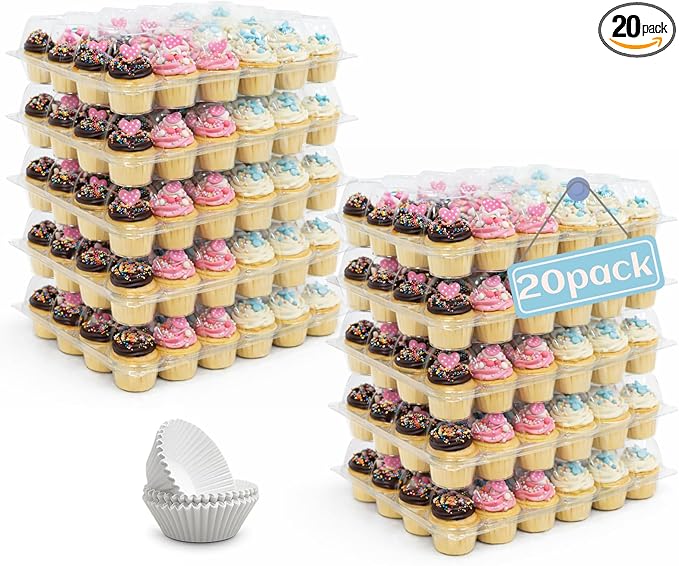 WIKDAY (24 Count x 20 Sets Plastic Cupcake Containers with Liners, Clear Cupcake Holder with Lids, Disposable Cupcake Carrier for Bakery, Cupcake Storage Box for Parties, Bake Sale Packaging
