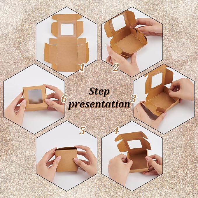BENECREAT 48 Packs 2.17x2.17x0.98 Inch Brown Kraft Paper Box with Clear Windows Foldable Paper Gift Box Goodies Candy Box Dessert Box for Party Wedding Bakery Packaging