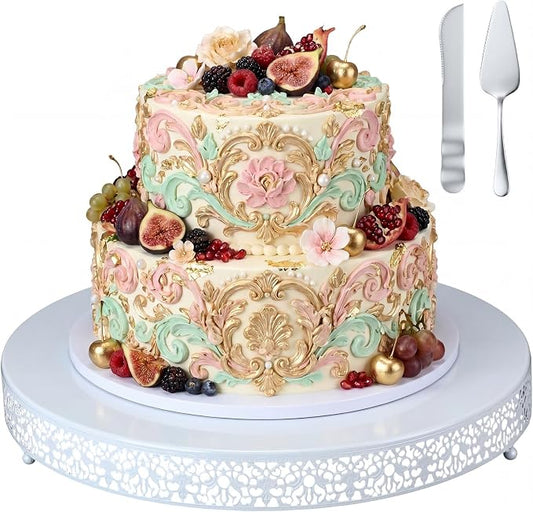 Wenqik 20 Inch White Cake Stand Set Metal Round Cupcake Dessert Stand with Cake Cutting, Spatula Wedding Cupcake Pastry Display Candy Holder Display for Wedding Party Birthday Baby Shower(Classic)