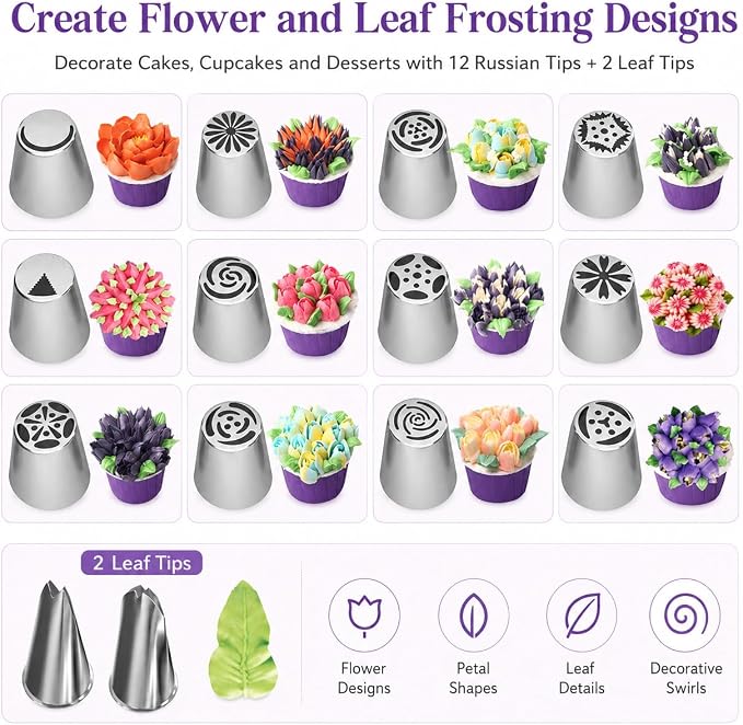 27 PCS Russian Piping Tips Set with Pastry Bags and Couplers, Stainless Steel Flower Piping Tips for Cake Decorating, Flower Icing Tips and Frosting Nozzles for Cupcakes, Cookies and Desserts