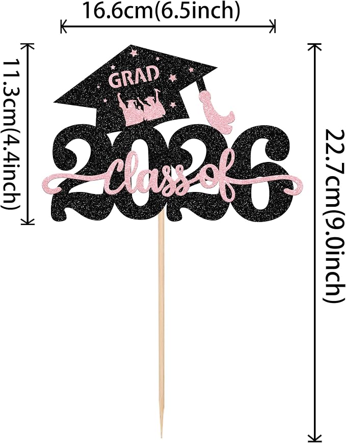 1 Pack Class of 2026 Cake Topper Glitter Congrats Grad Cap 2026 Graduation Cake Pick for 2026 Graduation Theme High School Graduate Party Cake Decorations Supplies Black Pink