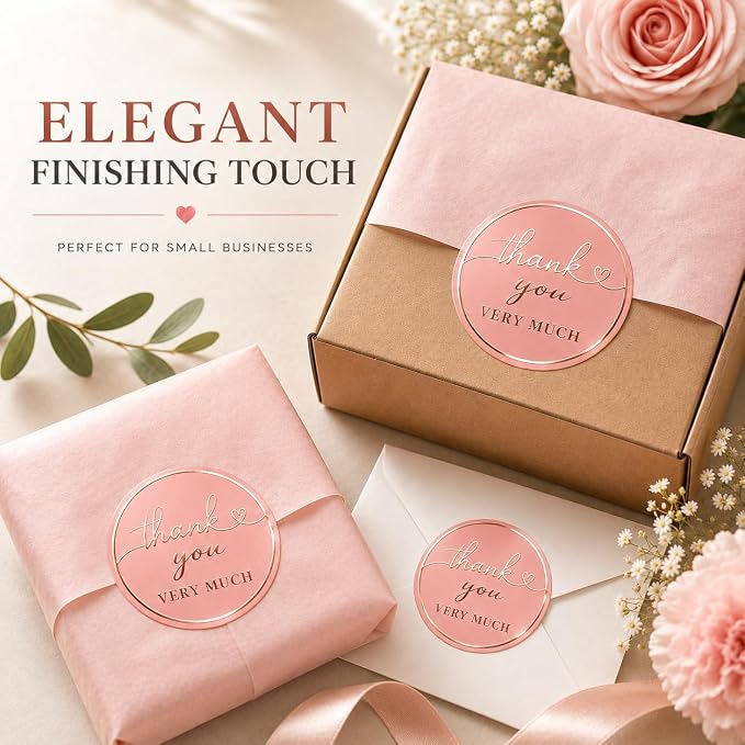 Thank You Stickers for Small Business – 500 Blush Pink Round Stickers with Rose Gold Foil, 1.5 Inch Waterproof Adhesive Labels for Packaging, Gifts & Envelopes