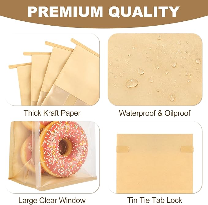 BagDream 50 Pack Cookie Bags with Window 3.9x3.1x8.2 Inch Small Cookie Packaging Treat Bags, Resealable Tin Tie Tab Lock Bakery Bags Grease Resistant for Muffin, Candies, Popcorn, Gift Giving