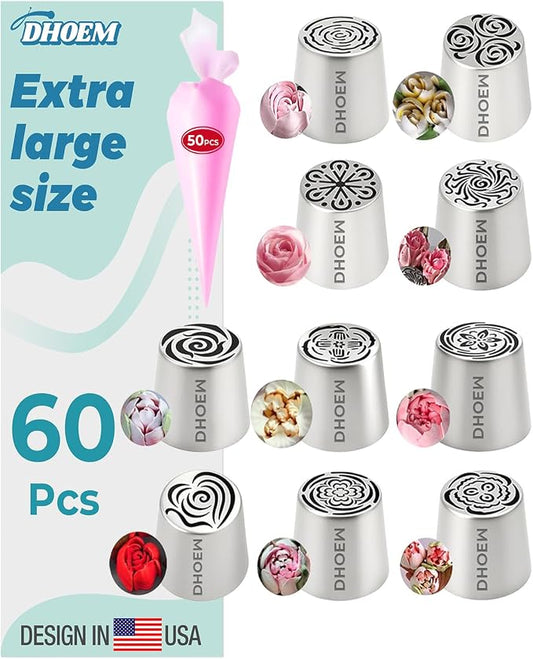 60Pcs Extra Large Russian Piping Tips Set,10 Flower Nozzles Baking, Stainless Steel Rose Floral Piping Nozzles, Nozzle for Cake Decorating for Buttercream Flowers, Cake Decorating Supplies for Wedding